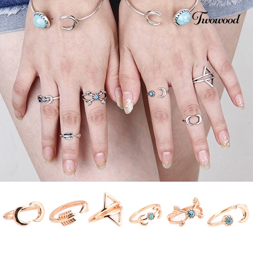 Twowood 6Pcs Cincin Buku Jari Aneka Bentuk Warna Silver Untuk Wanita