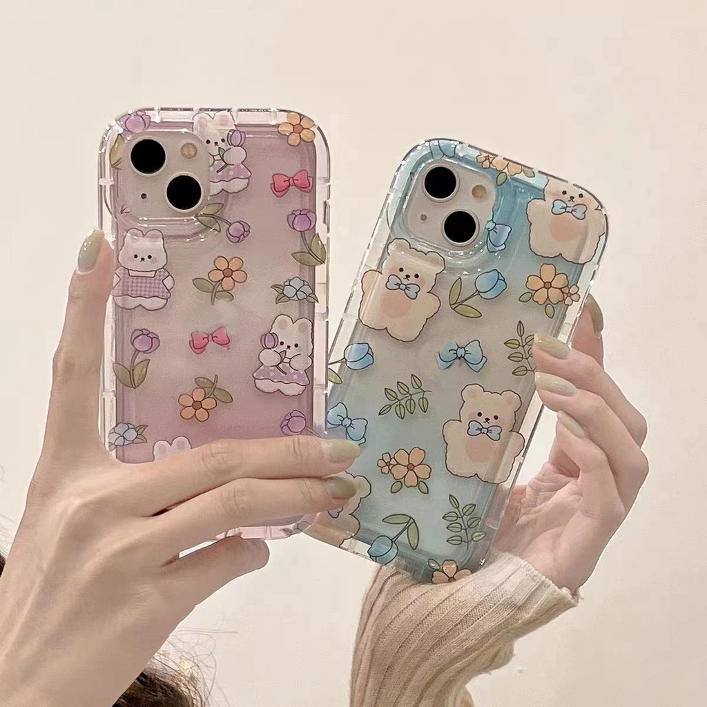 Soft Case Silikon TPU Transparan Motif Bunga Beruang Untuk IPhone 13 12 14 11 Pro X XR XS Max 6 6S 7 8 Plus