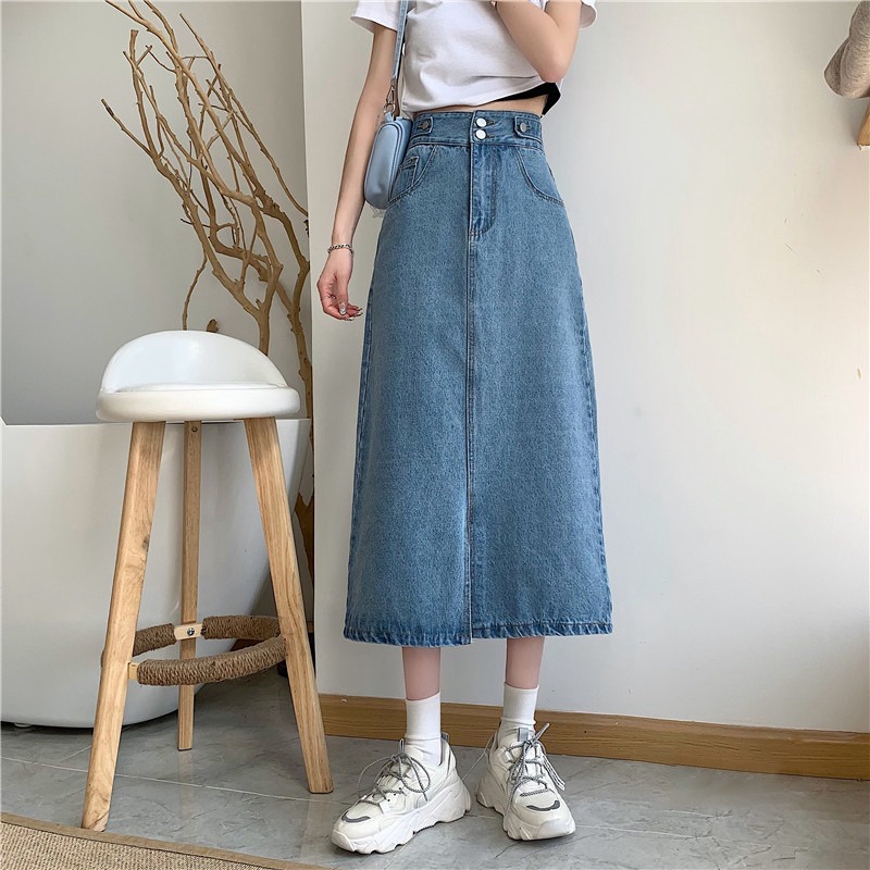 A-Line Rok Jeans Wanita Highwaist Rok Denim Korean Style