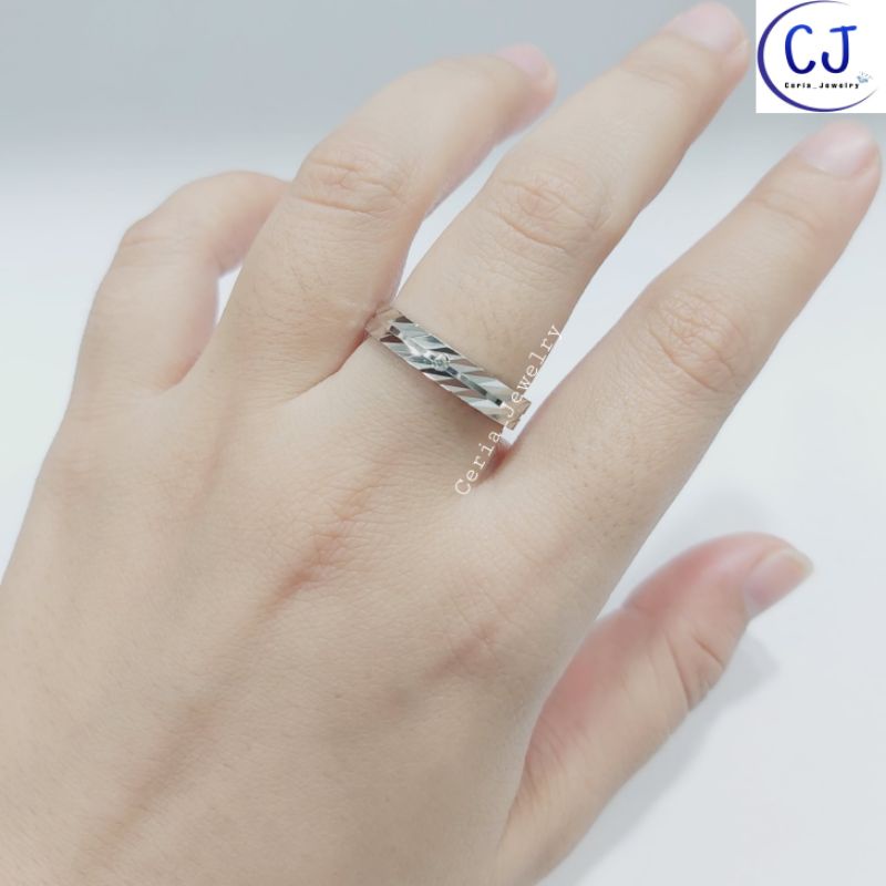 Cincin Perak Asli Pria Wanita Silver 925 Lapis Emas Putih Model Ring Ukiran Keliling Double - Perhiasan Perak Asli Cincin Pasangan Pria Wanita