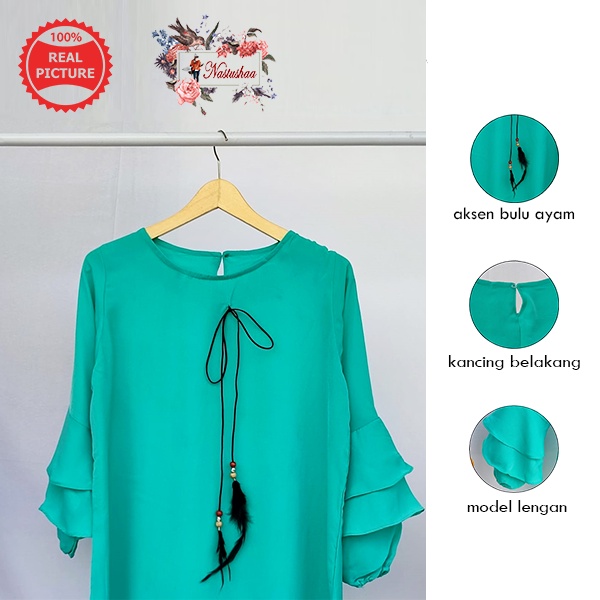 Tunik Wanita Lengan Panjang Model Tangan Karet Rempel Tumpuk Atasan Wanita Polos Aplikasi Tali Bulu Ayam Tunik Bahan Wollycrepe Warna Tosca Allsize