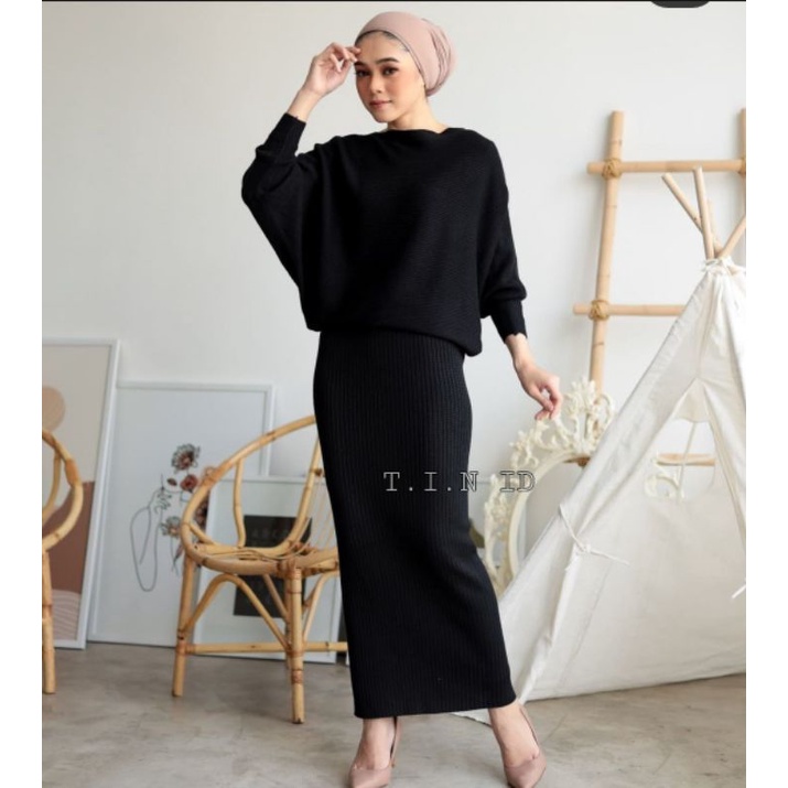 Setelan rajut rok span premium Long rib knitted set skirt