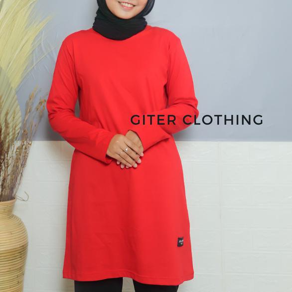 Tunik Kaos Giter/Tunik Kaos Polos Muslimah Panjang , Kaos Oversize - Merah, S