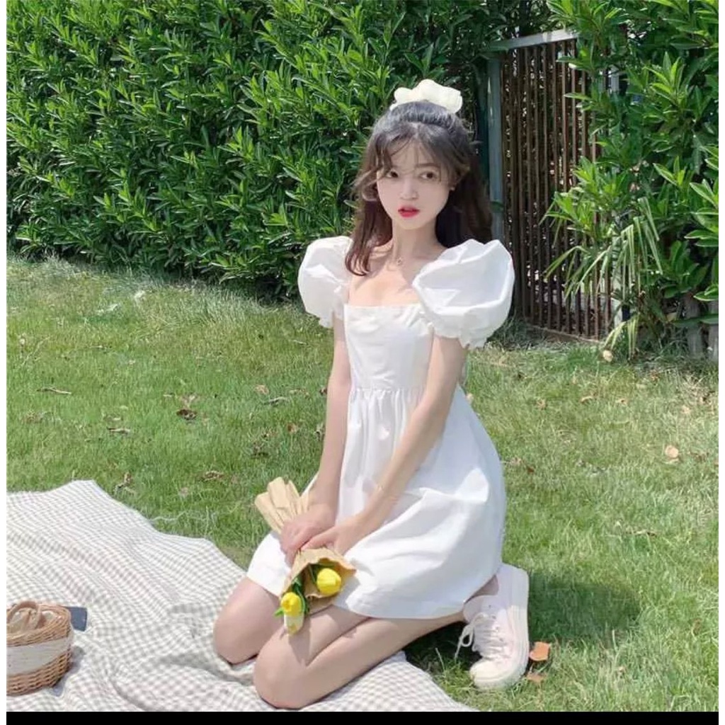 AP0007 White ball mini dress terusan pakaian casual everyday putih