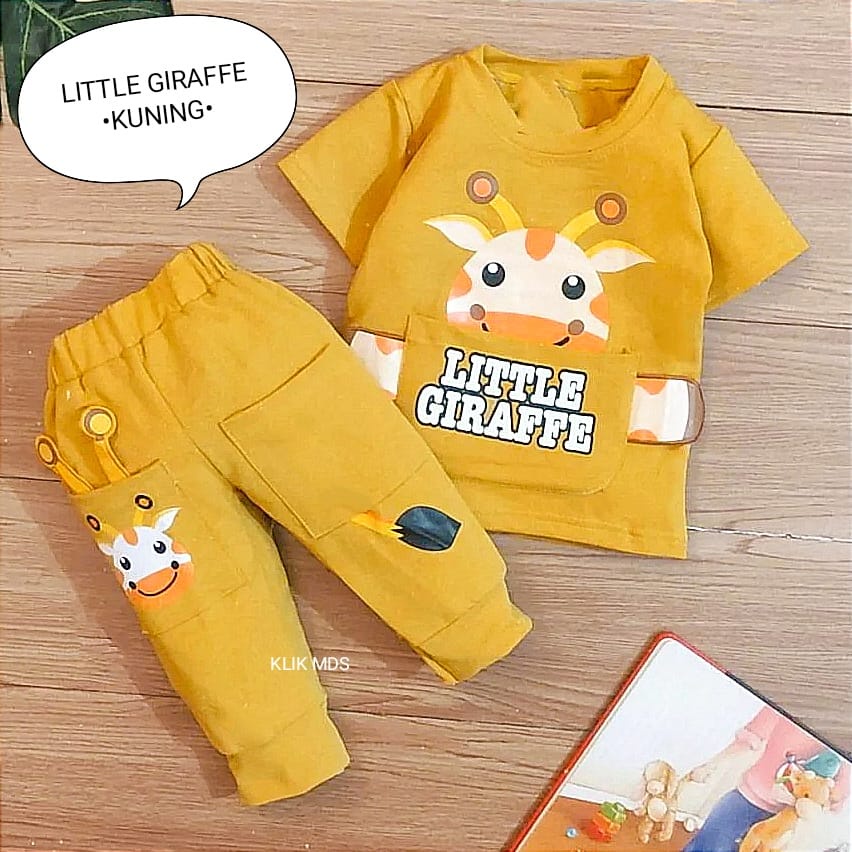 Setelan Anak Laki - Laki / Baju Bayi Cowok usia 3 bulan - 3 tahun Lengan Pendek Dan Celana Panjang Ada Kantong Motif Little Giraffe