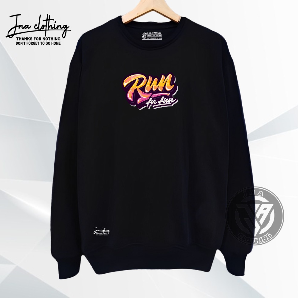 JNA Sweater Crewneck Hitam Pria Oversize Tebal List RUN FOR FUN Gaya Casual Kekinian Terpopuler Terlaris Sweter Unisex Distro