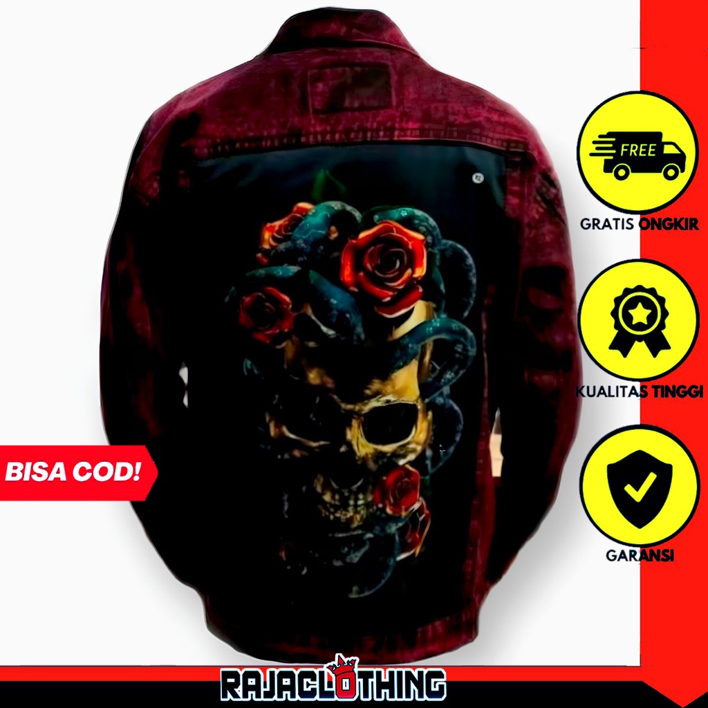 RCL - Jaket Jeans Printing Sanwash Maroon Gambar Ghost Flowers