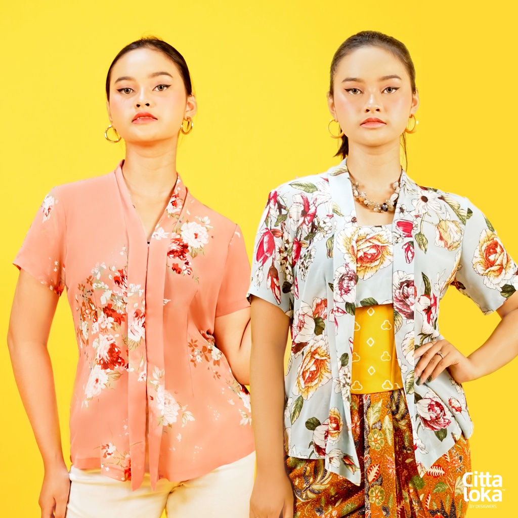 Kebaya Lengan Pendek Sifon Motif Bunga Peach Toscha Arrosa Cittaloka