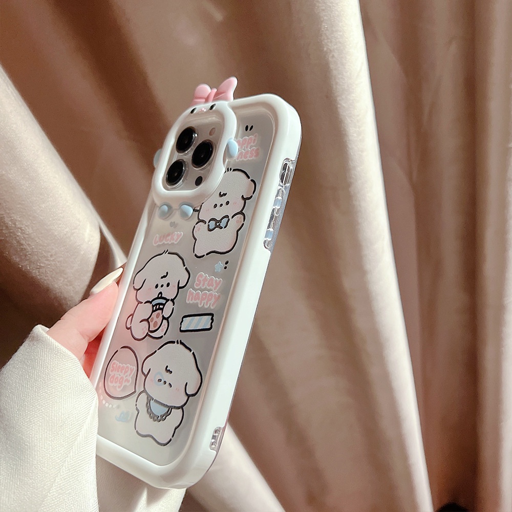 2 IN 1 Casing Iphone 11 12 13 14 PLUS PRO MAX Motif Kartun Milk Tea Dog 3D