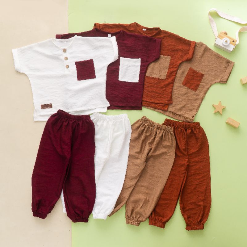 2-6 Tahun Setelan Koko Anak HIJAAZ | Set Koko Anak Linen Crinckle LINEN ANGEL PREMIUM | Setelan Anak Laki laki Baju dan Celana Jogger Keren