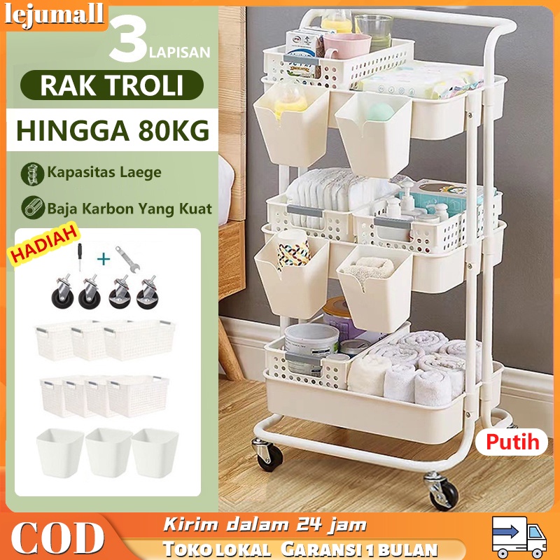 Rak Troli Dengan Roda 3 Susun Serbaguna Rak Dapur dengan Keranja Stainless Rak Buku Portable / Rak Bumbu Dapur / Rak Sudut Tempat Penyimpanan / Penyimpanan Bayi/Trolley Mengentalkan