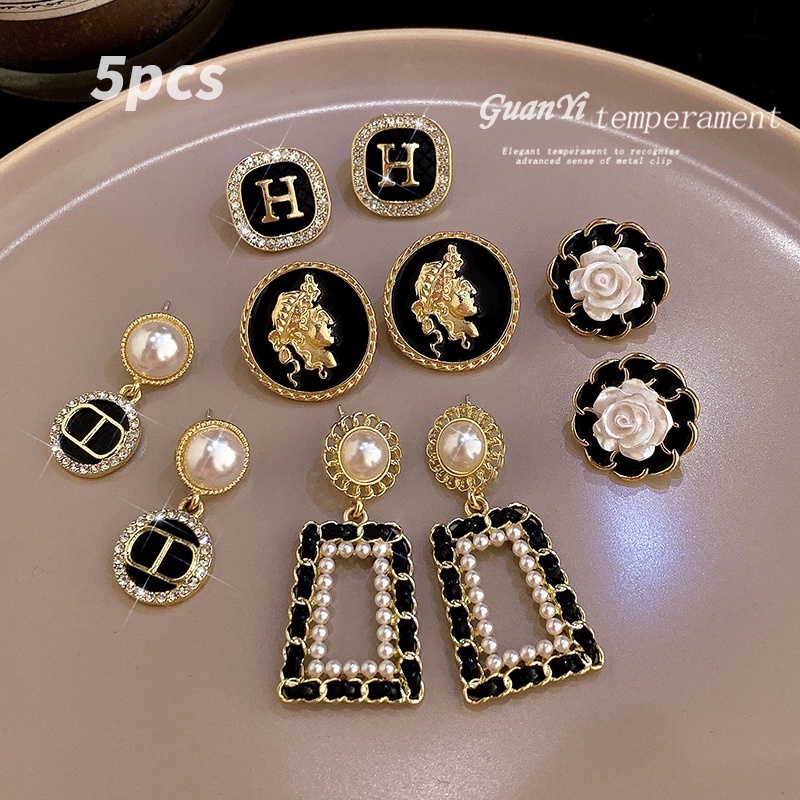 5pcs / Set Anting Stud 925 Silver Hias Mutiara Warna Hitam Gaya Retro Perancis Untuk Wanita