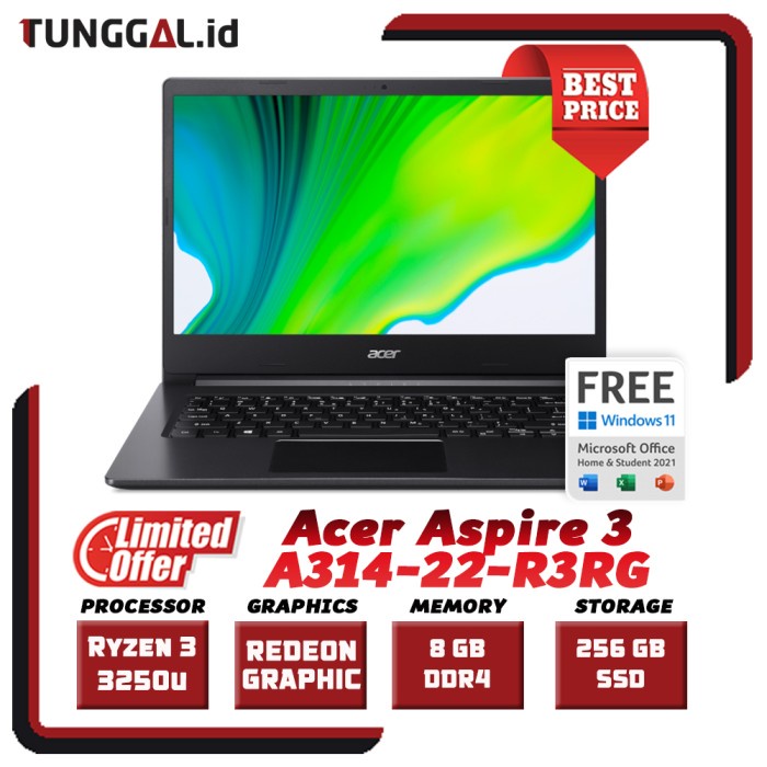 Acer Aspire 3 Slim A314-22-R3RG - Ryzen 3 3250U 8GB 256GB 14.0 HD W11 OHS