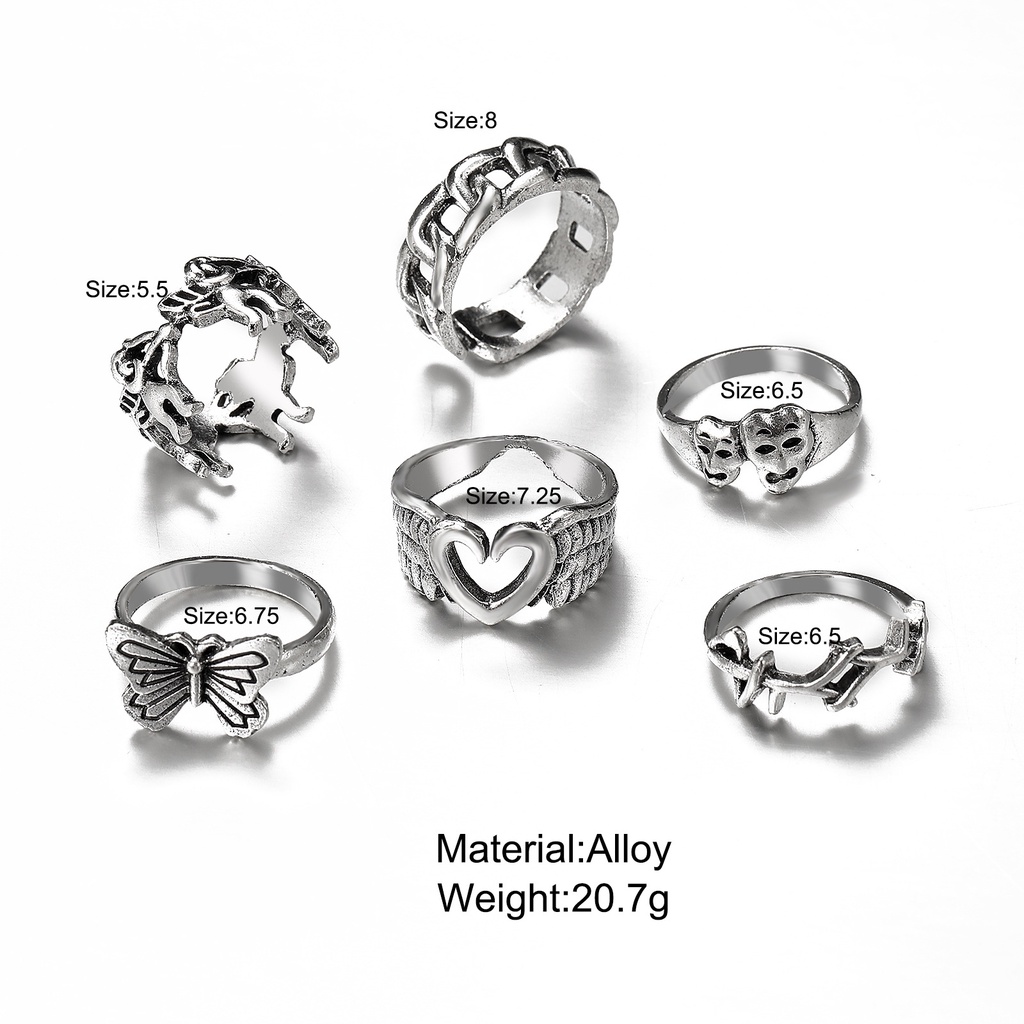 Set Cincin Model Butterfly Angel Hati Terbuka Warna Silver Gaya Vintage Untuk Pria Dan Wanita