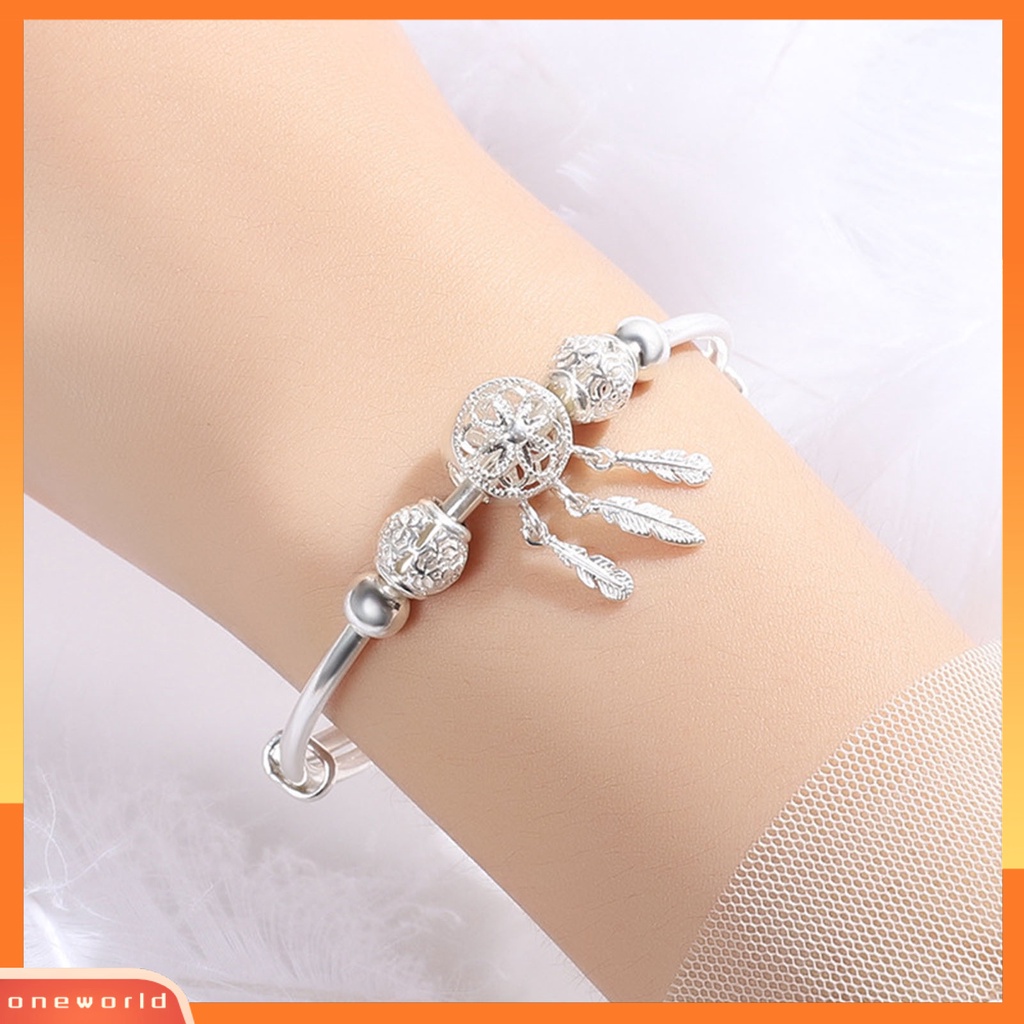 Gelang Bangle Adjustable Bentuk Lingkaran Hias Manik-Manik Bulu Rumbai Warna Silver Untuk Wanita