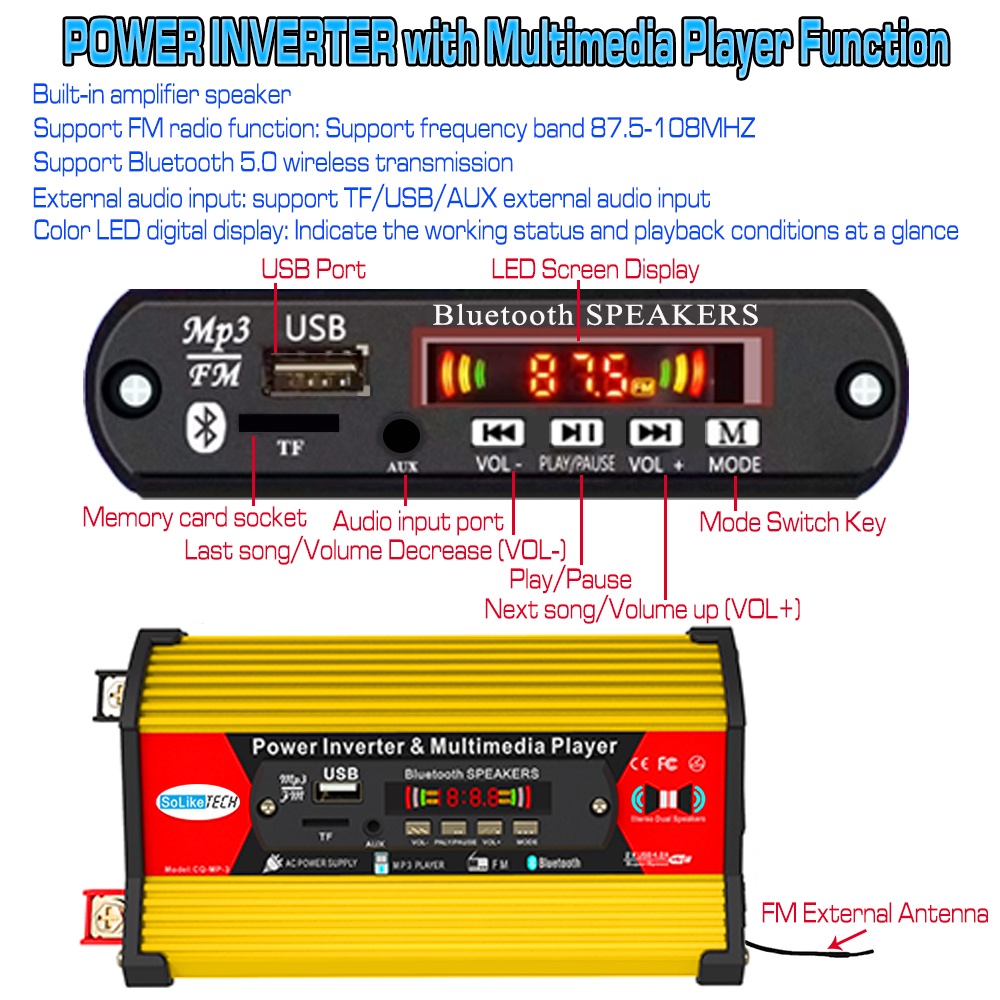 Inverter Daya Ma 4500W Inverter Tenaga Surya, Konverter DC 12V Ke AC 220V dengan Layar Tampilan untuk Mobil, Perahu Tenaga Surya, dengan Gelombang Modifikasi Pengisi Daya USB