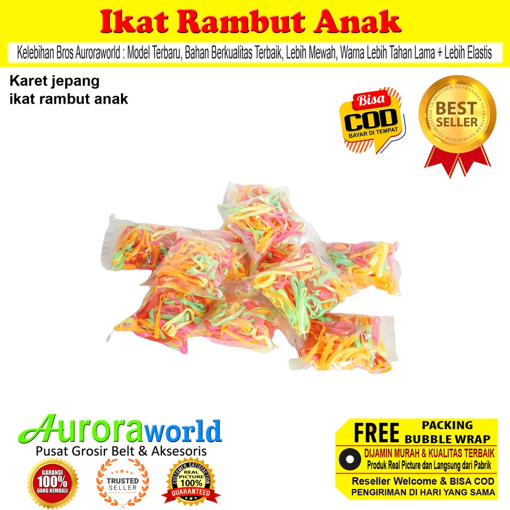 AURORAWORLD Karet ikat rambut karet jepang karet kepang karet kuncir warna warni  ikat rambut elastis kualitas terbaik, bahan tebal isi 100++