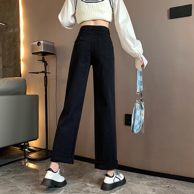 Putih/Hitam highwaist straight loose Kasual Jeans Wanita（Pinggang bisa penyesuaian）【THE GOOD SISTERS】