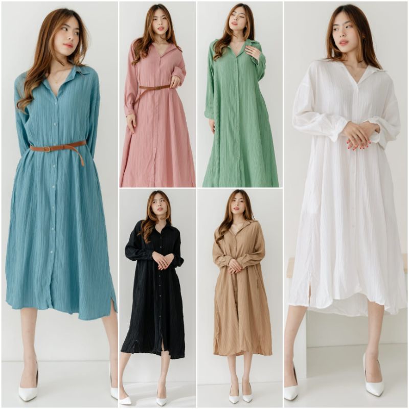 ♡ PREMIUM ♡ ORIGINAL !  MAHEERA BIG SIZE JUMBO PLEATED CRINKLE COLLAR BUTTON LONG SLEEVE MIDI LOOSE DRESS WITH BELT ( BUSUI , HIJAB &amp; BUMIL FRIENDLY )