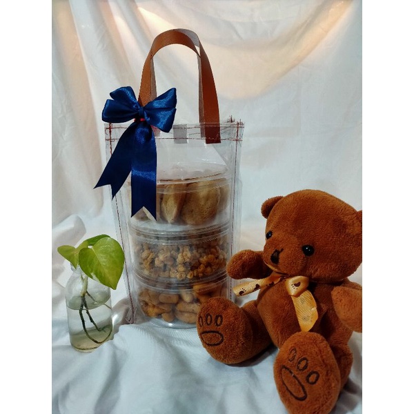 Tas Mika Transparan Uk. 14x14x25 Toples Kue 500gr / Hampers Tali Kulit Sintetis