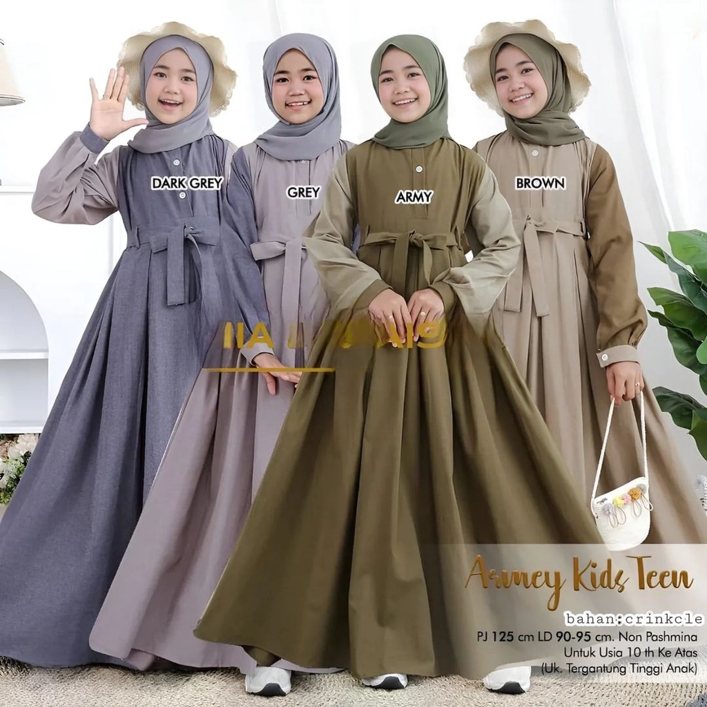 TERBARU Armey Dress Kids Teen Gamis Anak Perempuan Umur 10 /15 tahun Dress Anak Bahan Crincle airflow  OOTD Fashion Muslimah Anak Model Terbaru Bahan Premium