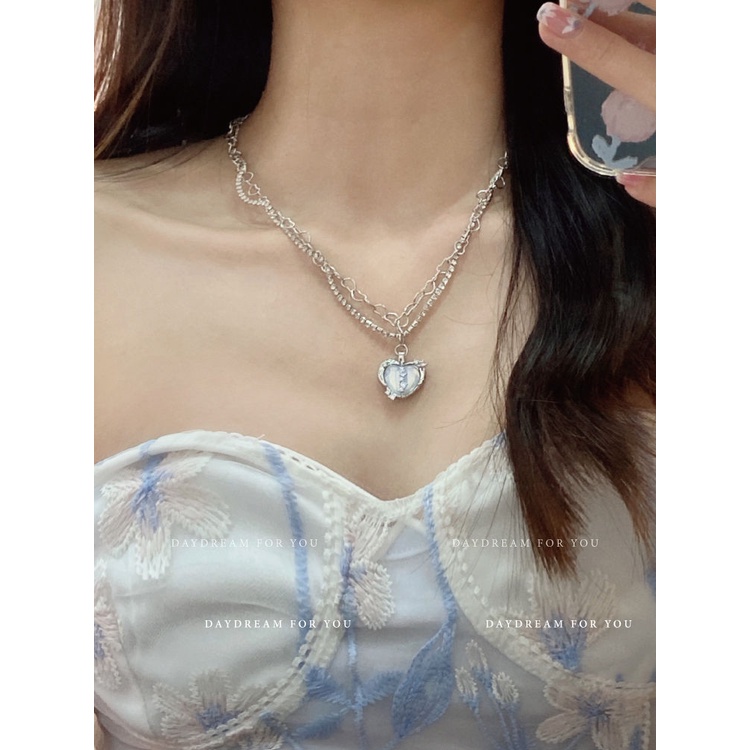 Suhao Thorns Moonlight | Ice Blue Love Necklace Opal Manis Keren Ganda Flash Berlian Desain Rantai Klavikula Perhiasan Harta Karun