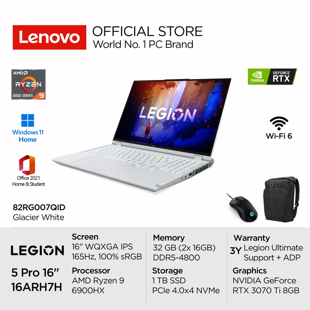 Lenovo Legion 5 Pro 16ARH7H 7QID AMD Ryzen 9 6900HX Win11 32GB DDR5 1TB SSD NVIDIA RTX 3070 Ti 8GB 16" WQXGA IPS 500nits 165Hz 100% sRGB Antiglare Blue Backlit Wi-Fi 6 OHS Laptop Gaming 16inch Diskrit 3070Ti 82RG007QID White Office Garansi  6000series