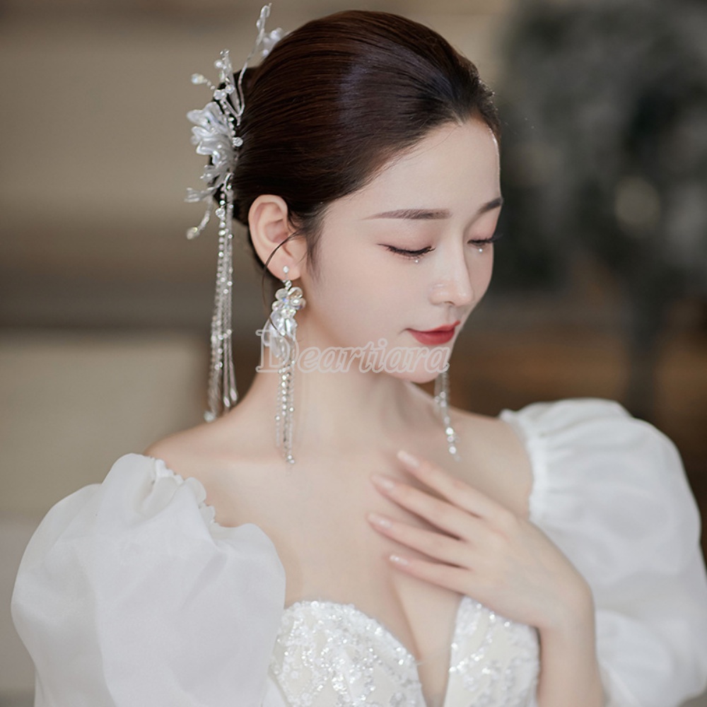 Hiasan Rambut Bridal Handmade Model Bunga Dengan Rumbai Warna Putih Untuk Wanita