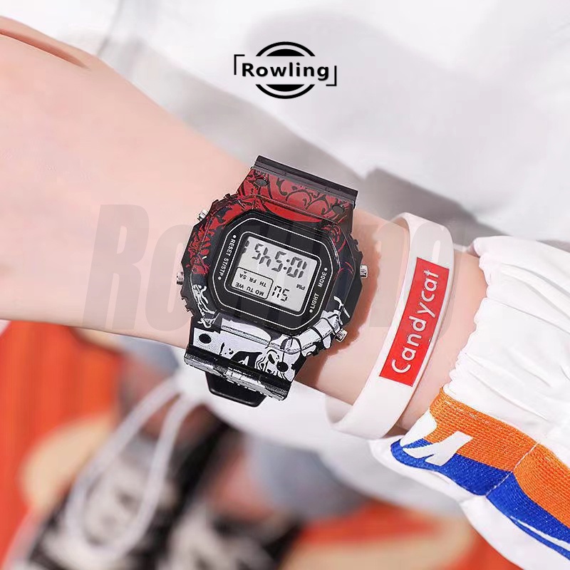 Rowling (Jam-63) Jam Tangan Rubber Digital Sport Kotak Wanita Dan Pria Fashion Gaya Korea Unisex Import