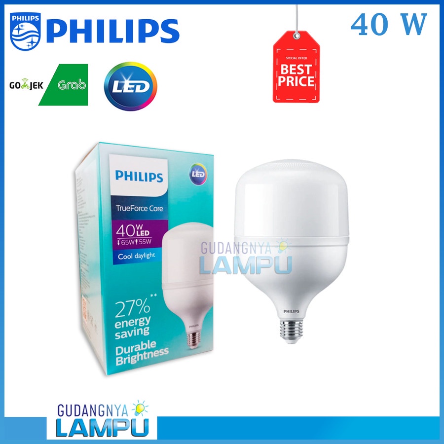 Lampu Bohlam LED Philips 40 Watt 40W 40Watt 40 W (Nyala Putih)