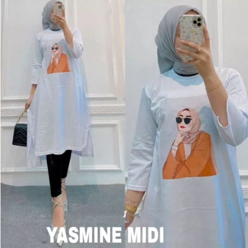 YASMINE MIDI DRESS BAHAN KAOS KATUN COMBED 24s APLIKASI SABLON UKURAN M L XL DAN XXL GAMIS WANITA TERBARU KEKINIAN ORIGINAL MEWAH MIDI DRESS MUSLIM KOREAN STYLE KAOS WANITA LENGAN PANJANG OVERSIZE MIDI LONG TUNIK PUTIH JUMBO VIRAL