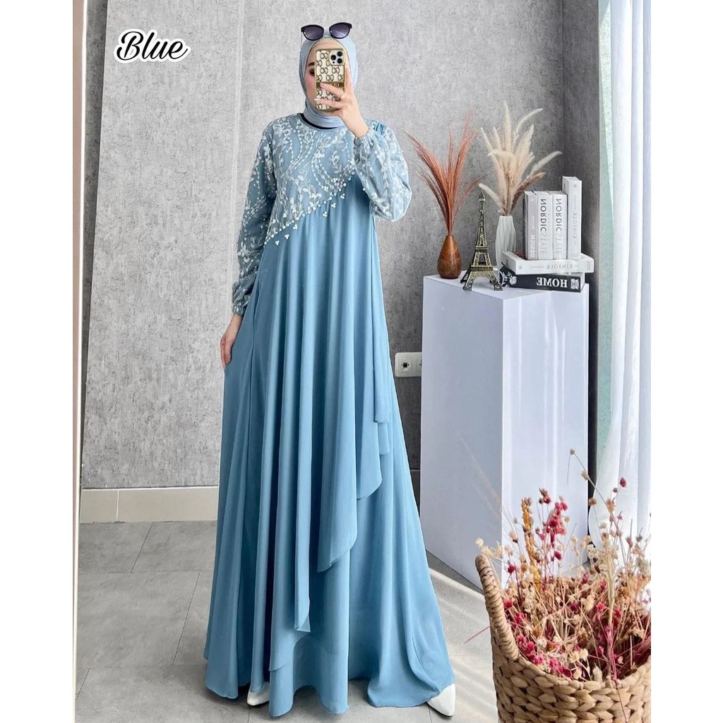 Zaheen Moeslim Cloth ~ Dress Kekinian Wedding Dress Wanita | Diandri Maxy Pesta | Pakaian Kondangan Pesta Wanita Seragaman Bahan Ceruty Babydoll Armany Mix Brukat | Fashion Busana Muslim Wanita Trend Terbagus Mevvah Elegant Simpel | Tersedia 8 Varian Warn-Blue