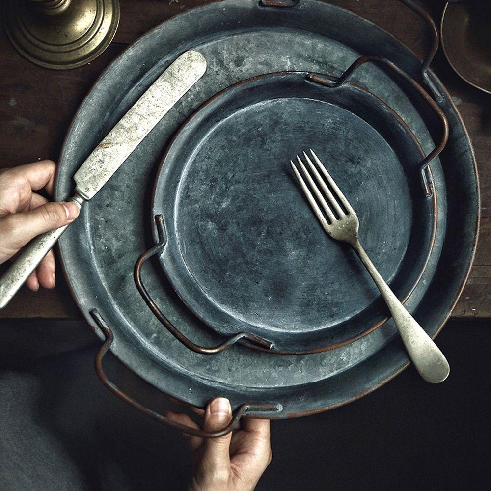 Suyo Retro Metal Plate Tahan Lama Dengan Pegangan Besi Kerajinan Nampan Hias