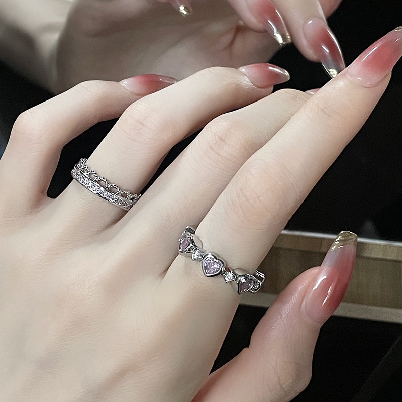 Cincin Model Terbuka Desain Geometris Hati Aksen Berlian Imitasi Gaya Jepang Korea Selatan