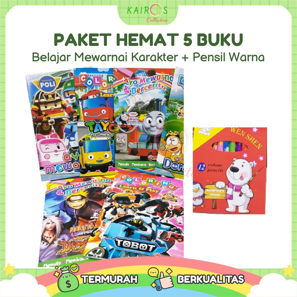 Buku Edukasi Anak 5 Pcs Belajar Mewarnai Karakter Anak Set Pensil Warna