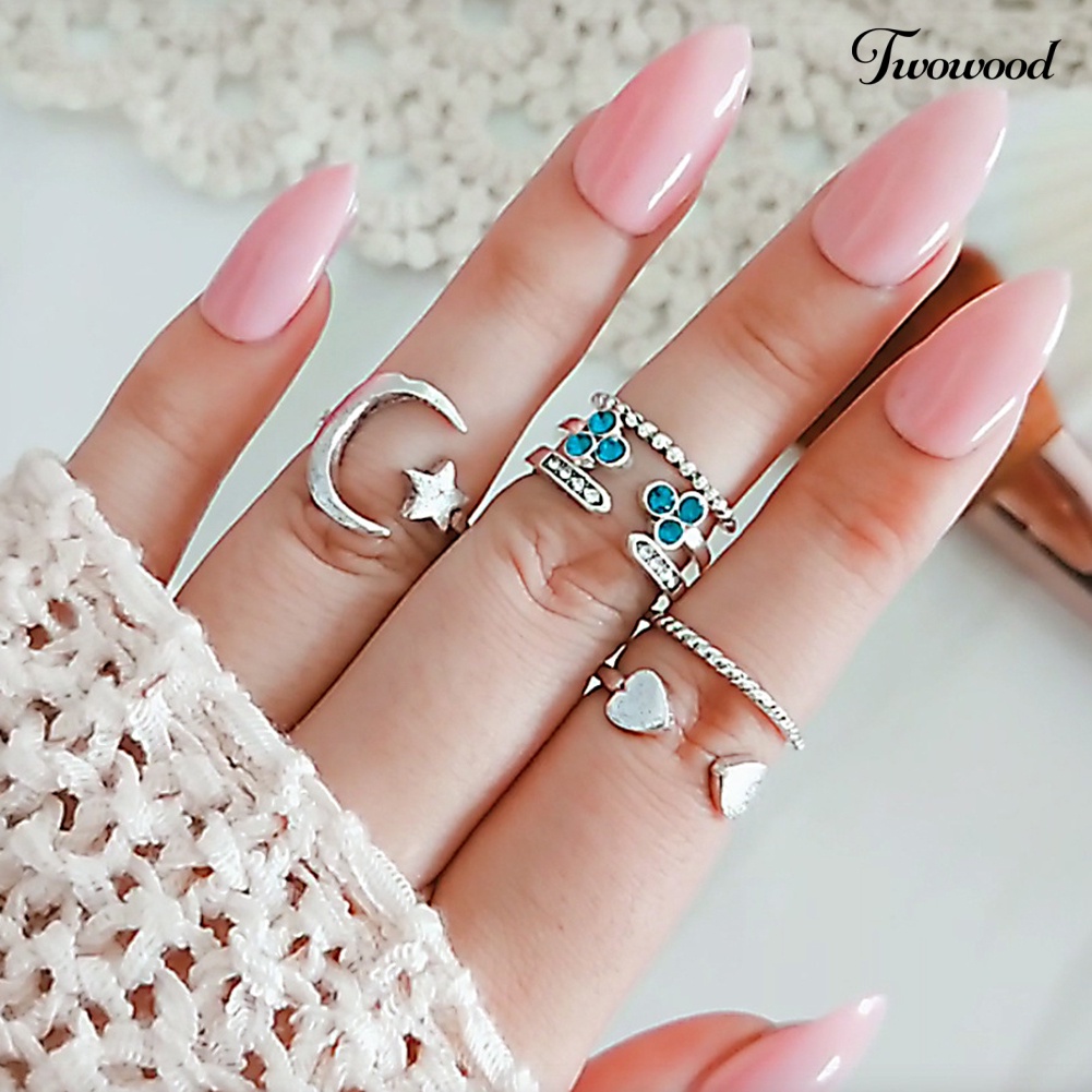 6pcs / Set Cincin Buku Jari Model Terbuka Desain Bulan Bintang Hati Untuk Wanita