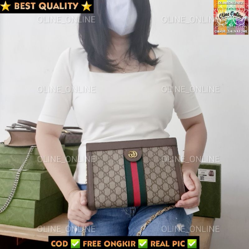 tas wanita clutch medium selempang merah hijau brown red green coklat gift set gift box kecil sedang kotak logo klasik gg persegi panjang ophidia shoulder bag gc