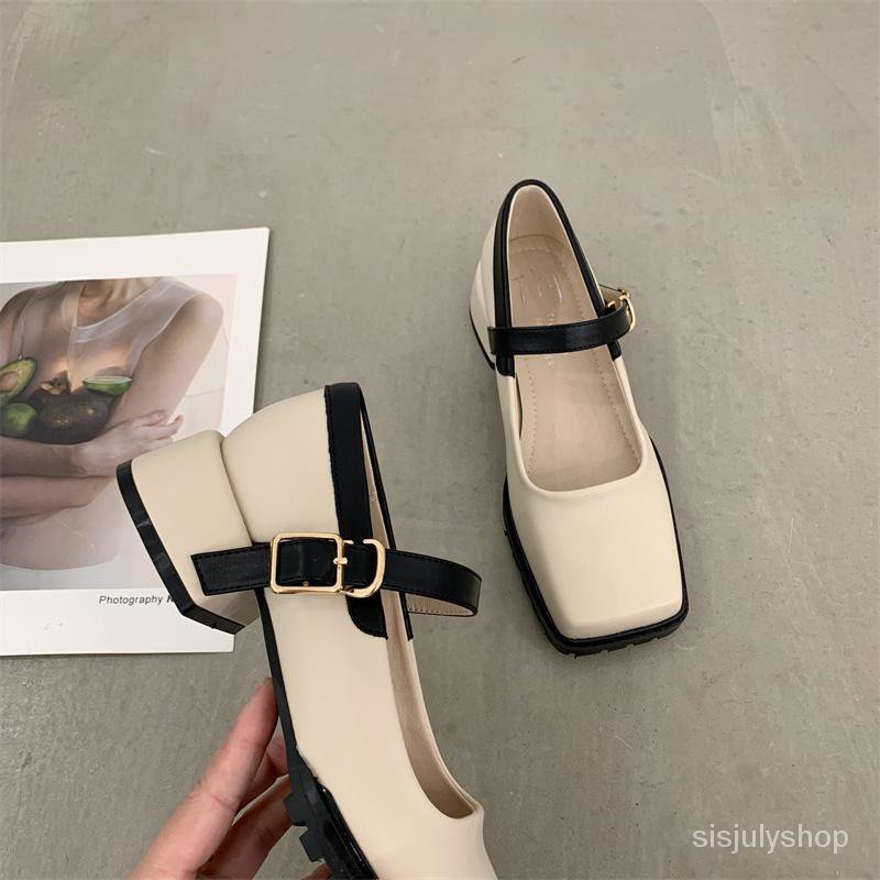 #Sisjuly# Ladies French French retro square toe shoes baru lembut sebuah kata dengan sepatu tunggal