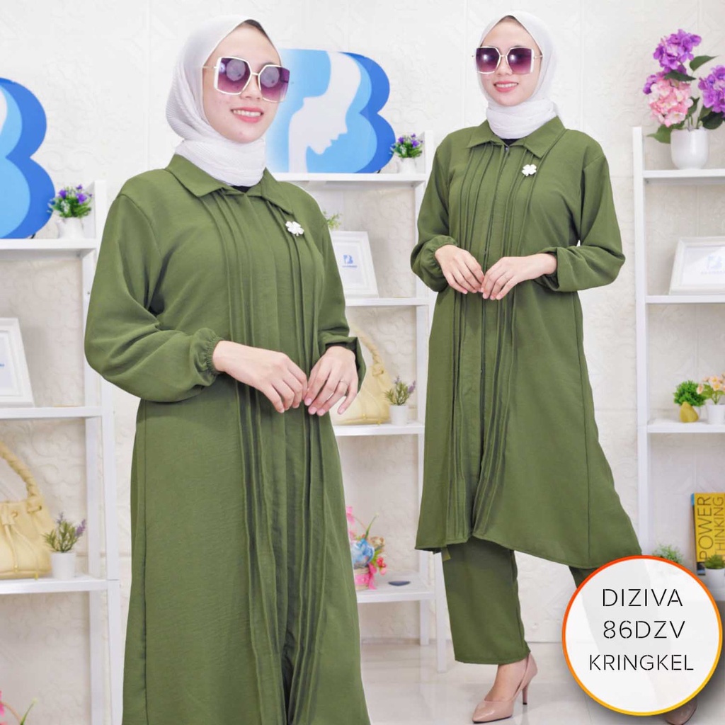 Oneset Tunik Polos Kringkel Airflow Kerah Full Kancing Variasi Lipit Depan Kulot Jumbo Diziva T 3