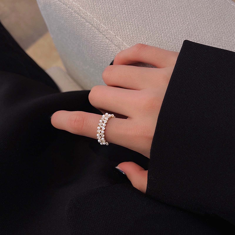 Fancyqube Cincin Emas Model Terbuka Dapat Disesuaikan Aksen Mutiara Bahan Zirkon Gaya Korea Untuk Wanita