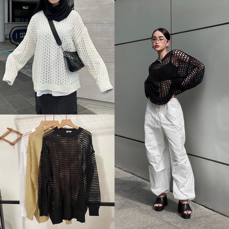 Stiego-Cutout Jaring Knit Pullover /Rajut jaring y2k /Rajut jaring Oversize