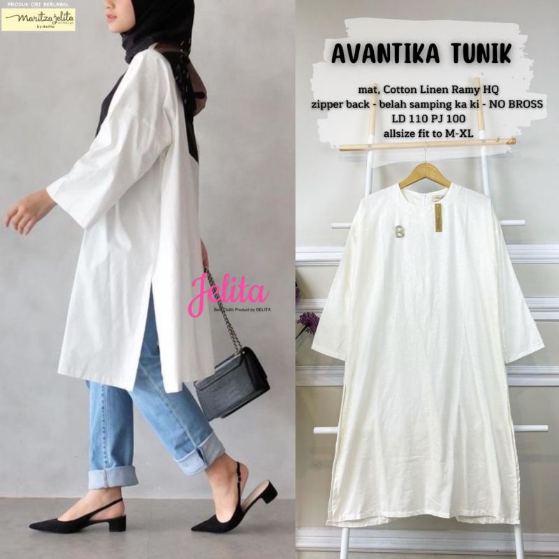 NEW BEST SELLER OOTD KEREN CANTIK AVANTIKA TUNIK PUTIH WHITE  ATASAN WANITA MUSLIM POLOS BAHAN LINEN