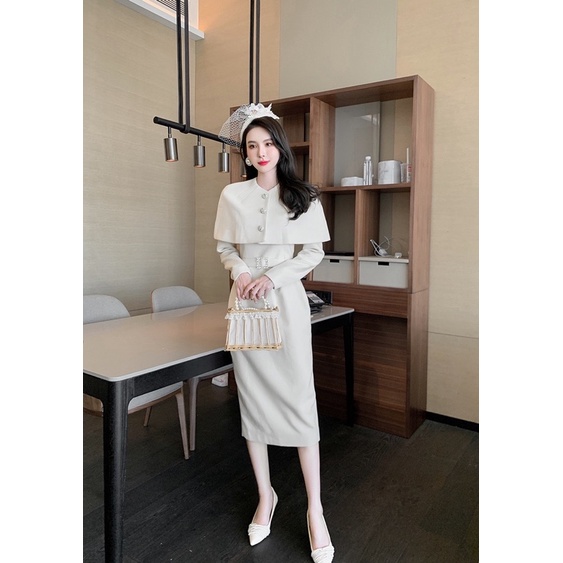 [Premium Series] Set Dress + Cloak Faux Fur Wool Dress Import Premium