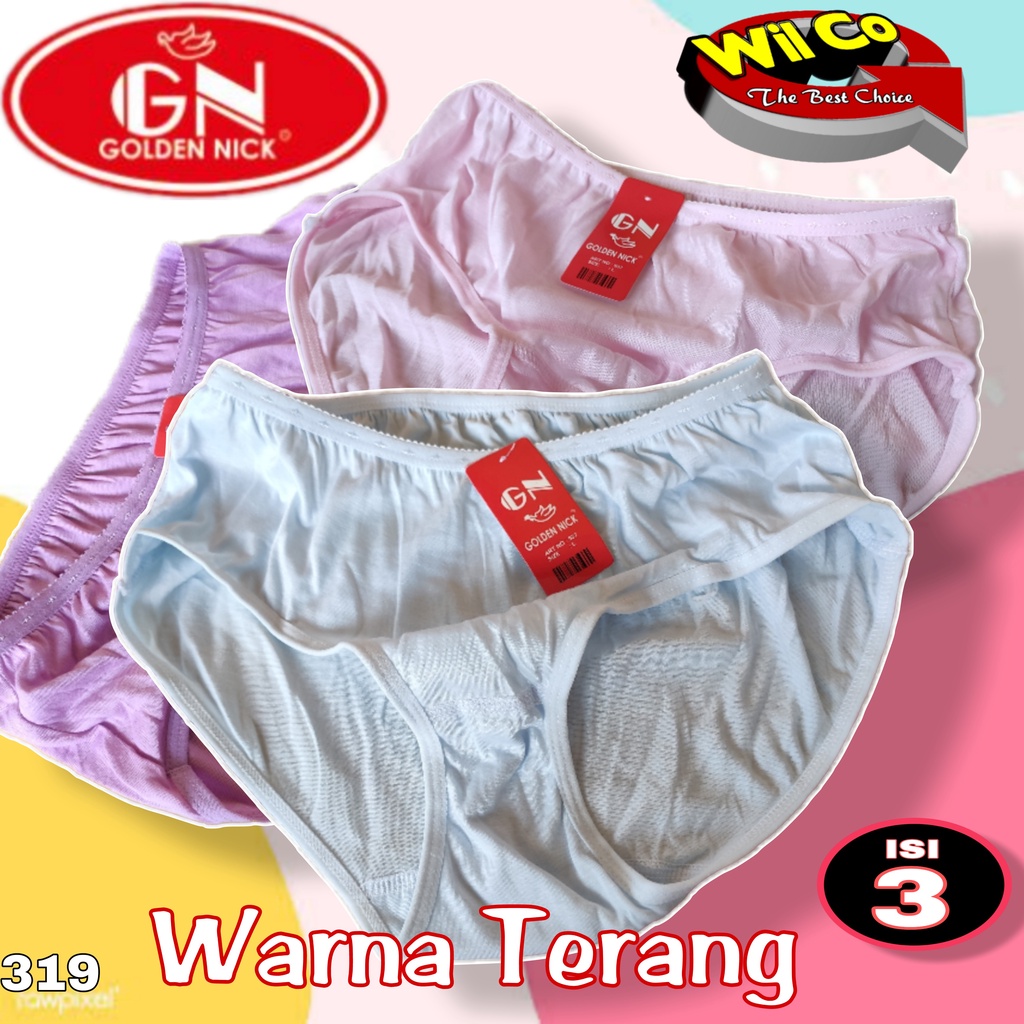 K319T - (HARGA PER 3 PCS) CELANA DALAM WANITA PAKAIAN WANITA PAKAIAN DALAM GOLDEN NICK SIZE M - XXL WARNA TERANG RANDOM