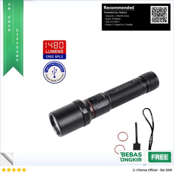 Promo JETBeam Senter LED Flashlight CREE XPL2 1480 Lumens - C8R - Hitam JETBeam Berkualitas