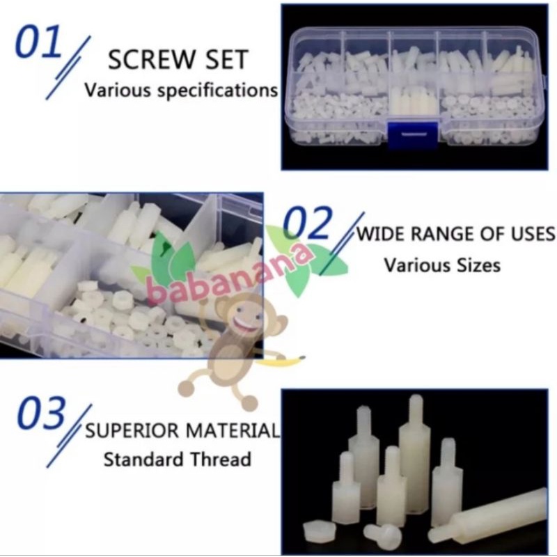 120pcs White Nylon M2.5 Hex Screw Standoff Spacer set baut mur kit