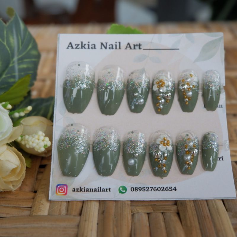 TERMURAH KUKU PALSU/NAIL ART WEDDING hijau sage