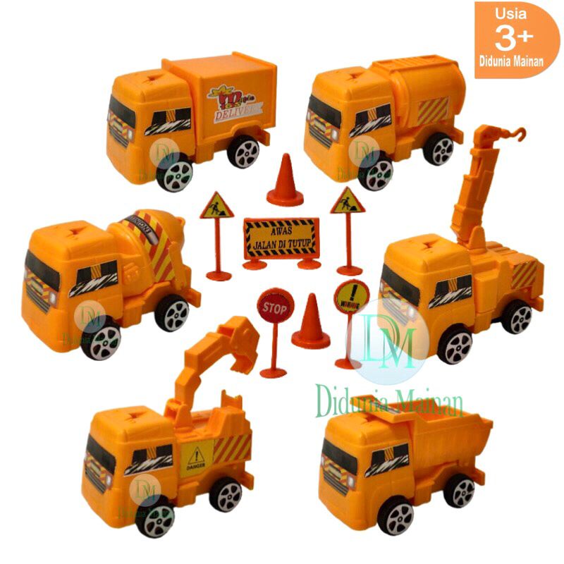 Mainan anak mobil mobilan set truk konstruksi alat berat pull back construction car 6 pcs