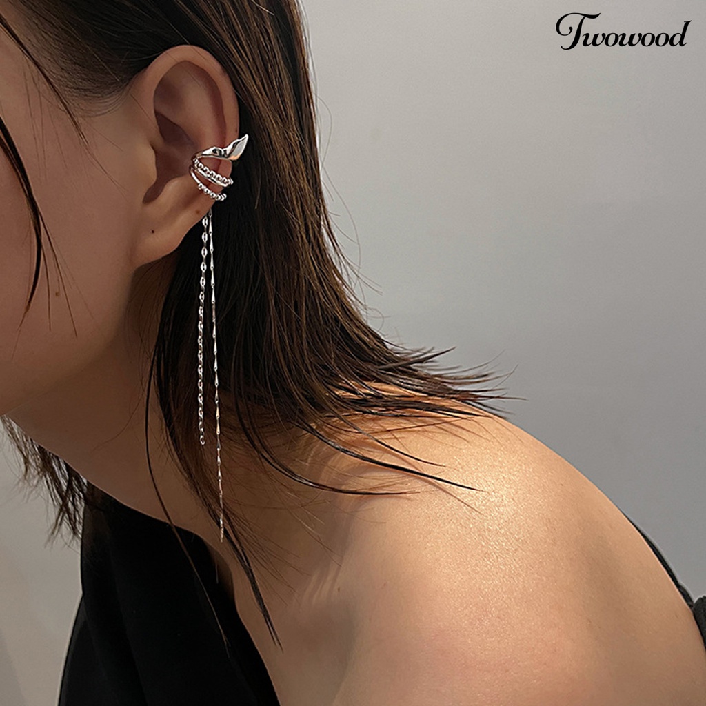 1 Pc Anting Klip Telinga Kanan Bentuk Geometris Model Rumbai Panjang Gaya Gothic Untuk Wanita