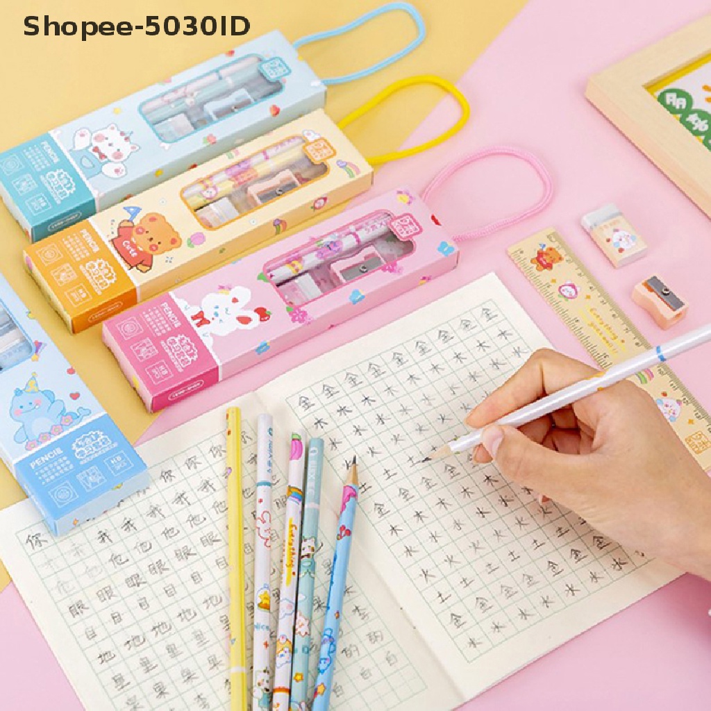 set Pensil + Penghapus + Penggaris + Rautan Motif Kartun Hewan Untuk stationery Anak / Sekolah / Hadiah